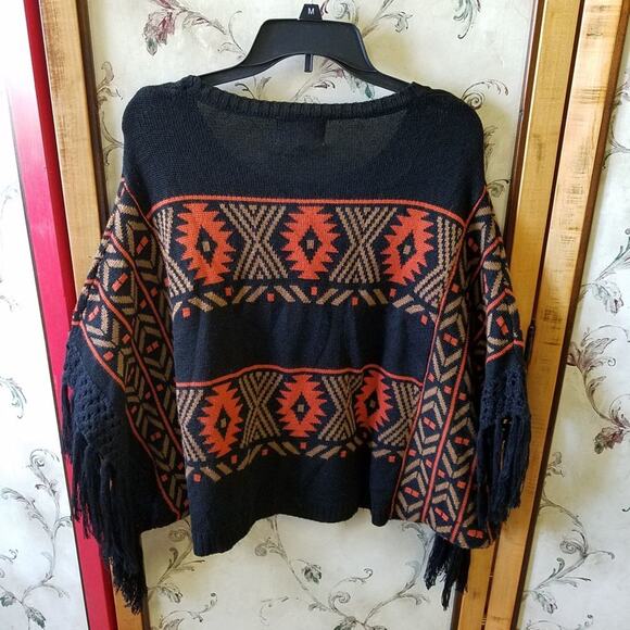 Skies Are Blue Womens S Poncho Western Boho Fringe Festival Retro 70s Knit - Picture 2 of 4